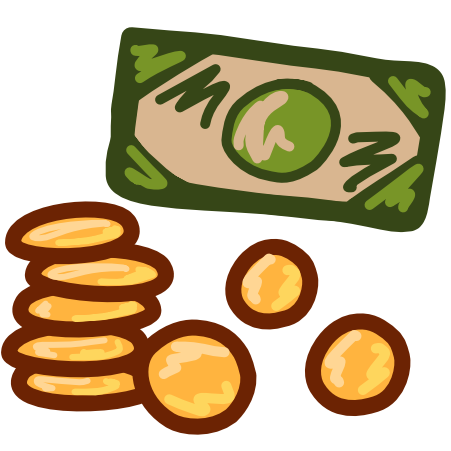 A green bit of paper money sits above a stack of golden coins, scattered beside the stack are 3 more coins. The image has dark line art.